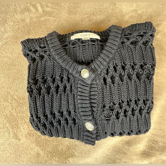 LOFT Women’s XS Black Open Stitch Knit Cardigan Button Front Sweater Crew Neck - Picture 12 of 12